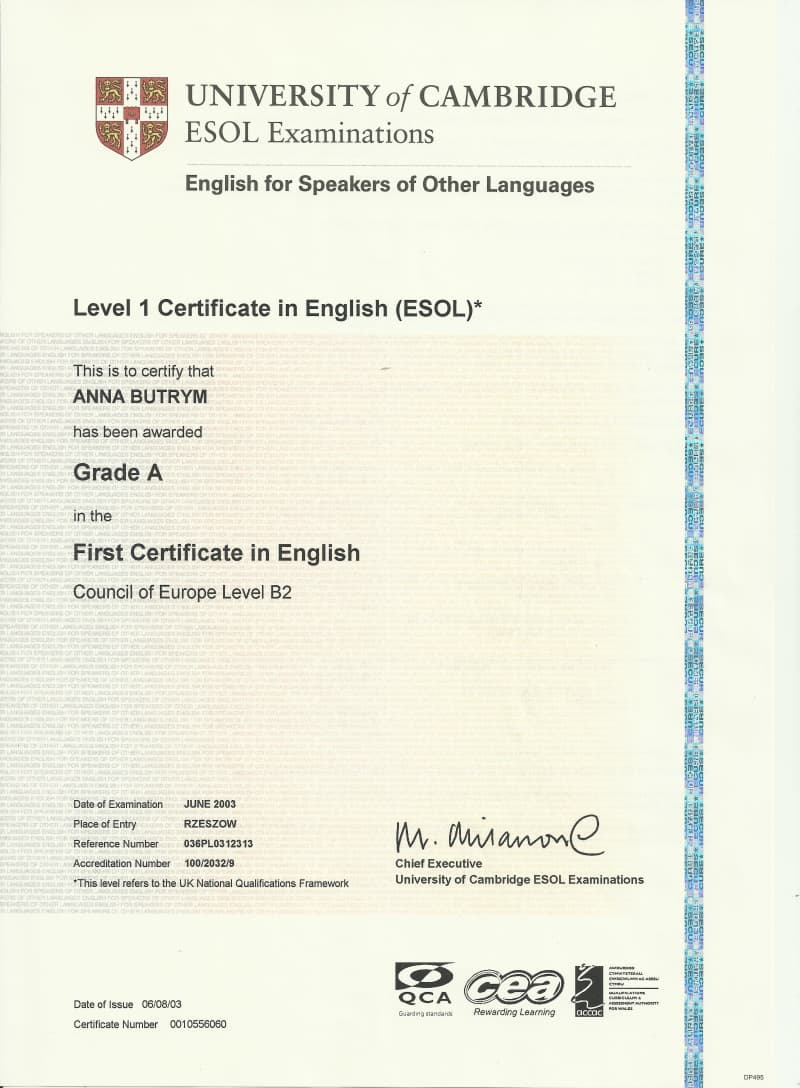 Certyfikat FCE B2 (Cambridge)