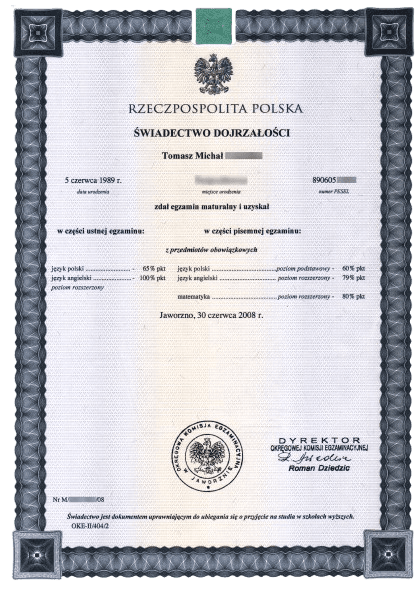 Kolekcjonerskie świadectwo dojrzałości z wpisem OKE